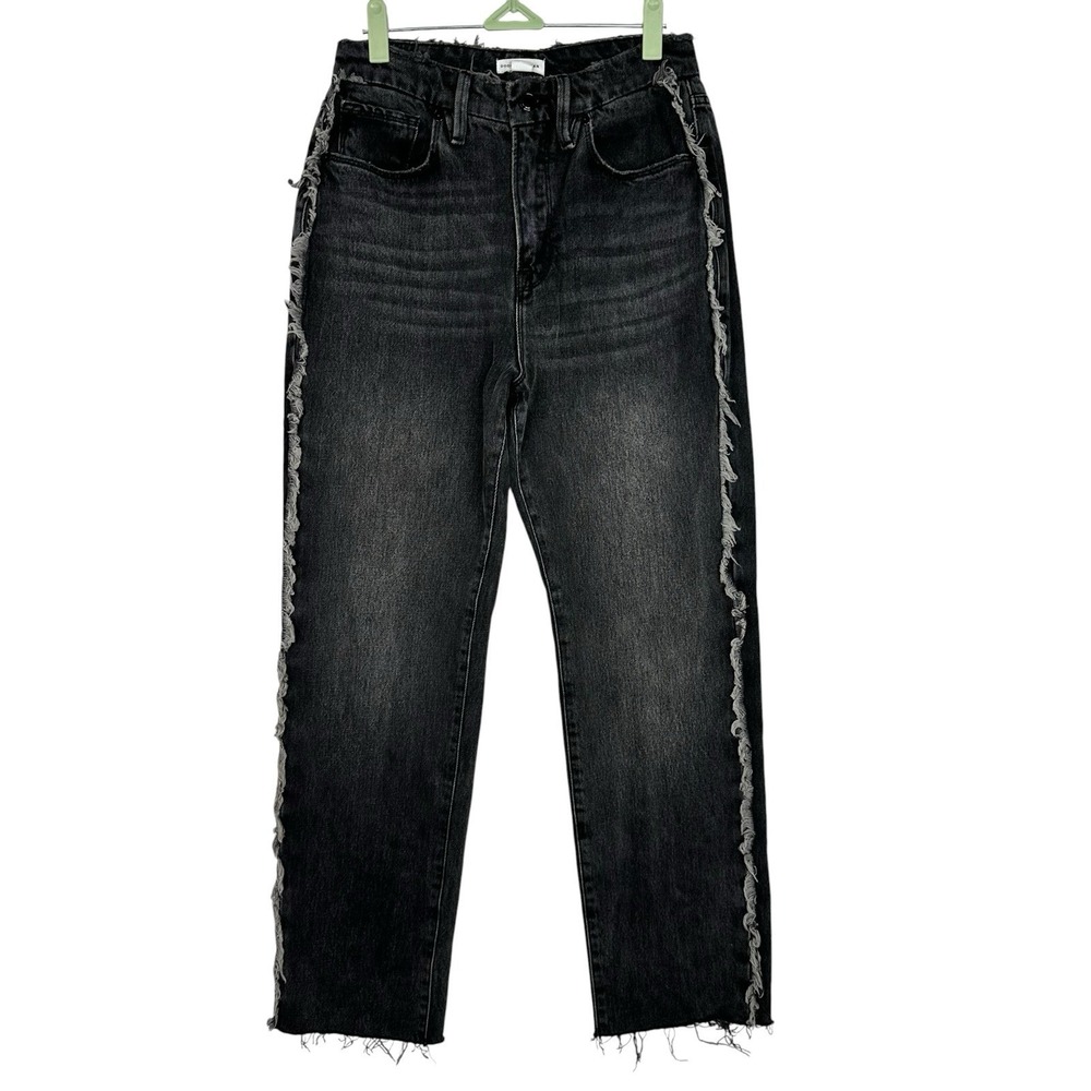 Good American Good Boy Frayed Outseam Straight Leg Jeans Black Womens 4/27